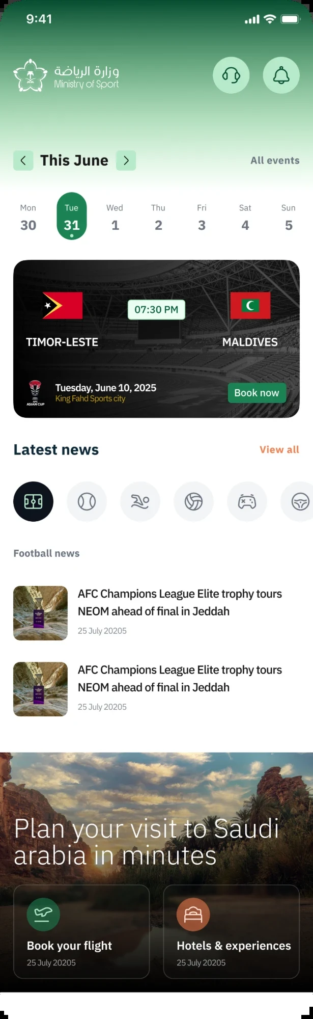 Home screen: the featured match with a Book now button, latest news, and shortcuts to book a flight or hotels