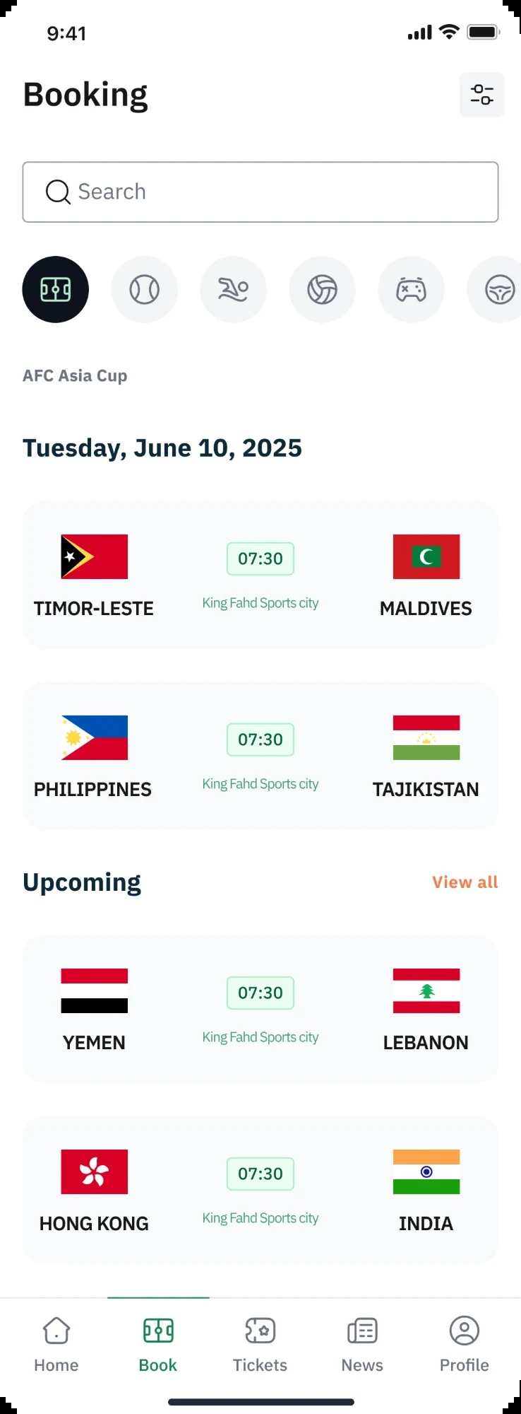 Booking screen: AFC Asia Cup matches listed by date, with sport filters and a bottom navigation bar