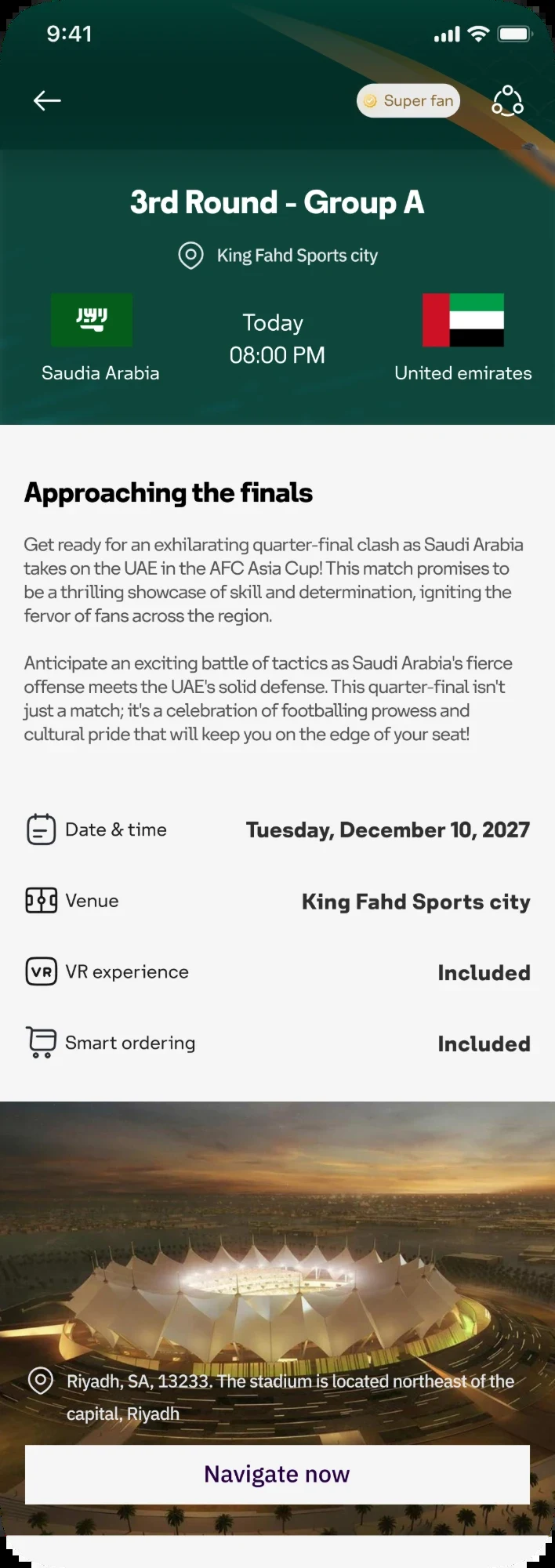 Match details: teams, date, venue, what is included, and a Navigate now button