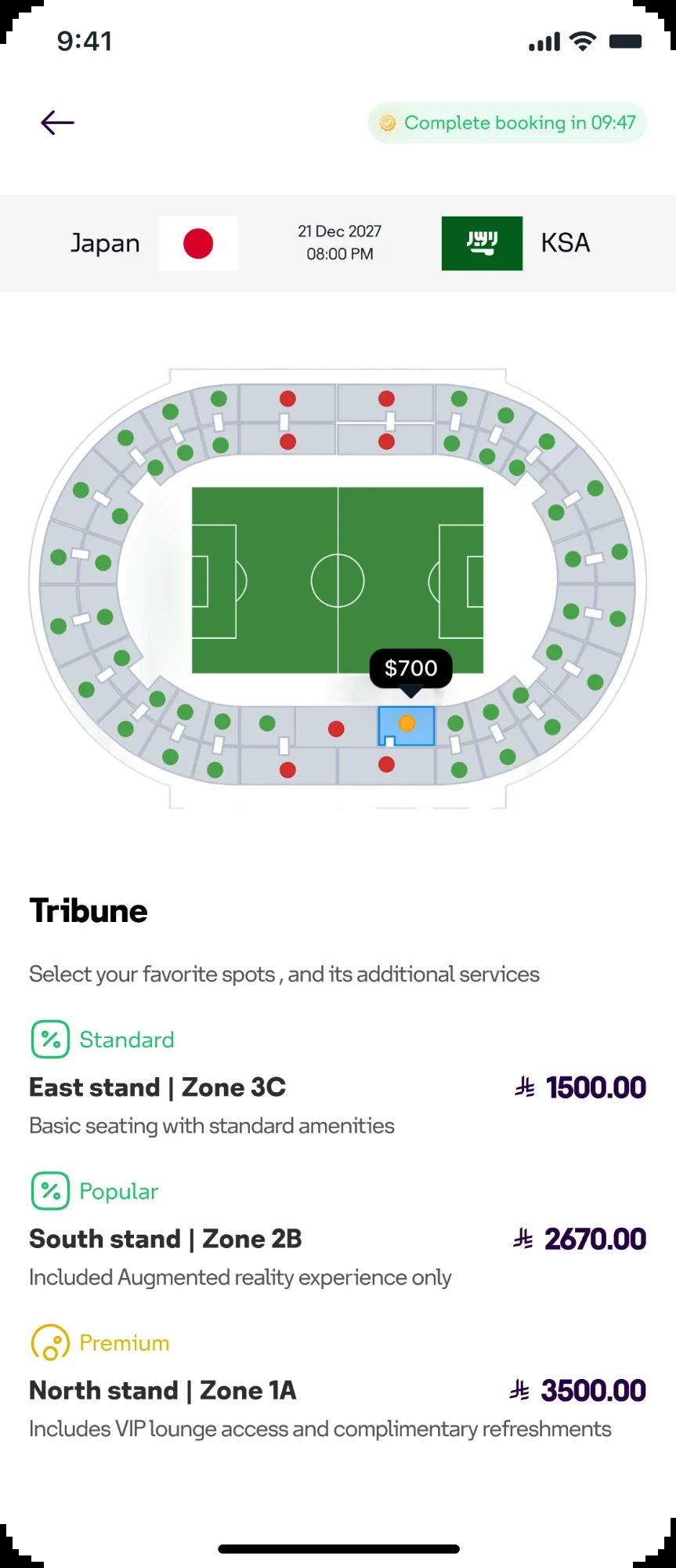 Seat selection: a stadium map with colour-coded seats and Standard, Popular and Premium options with prices