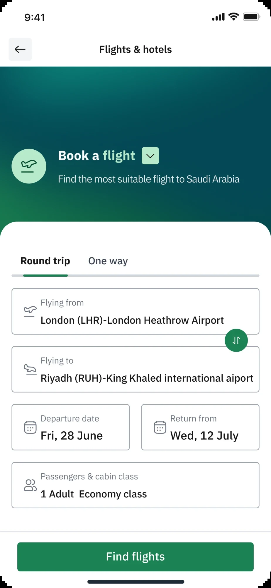 Book a flight form with round trip and one way options, airports, dates, passengers and a Find flights button