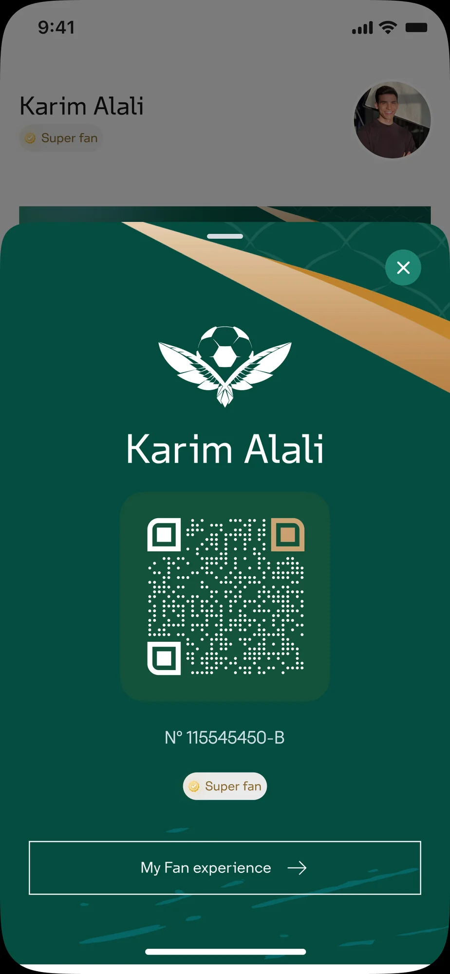 The Fan-ID pass opened full screen over the profile, with the fan's name, a QR code, the Fan-ID number, a Super fan badge and a My Fan experience button.