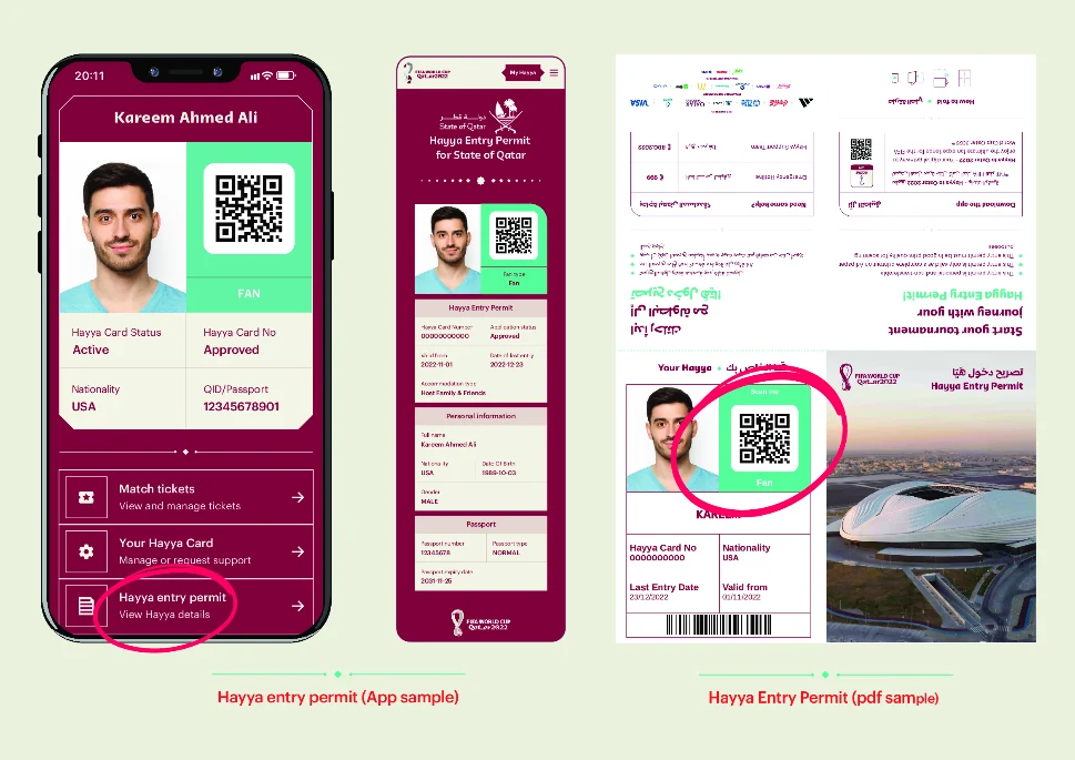 The Hayya entry permit for the 2022 FIFA World Cup, shown in the app and as a PDF