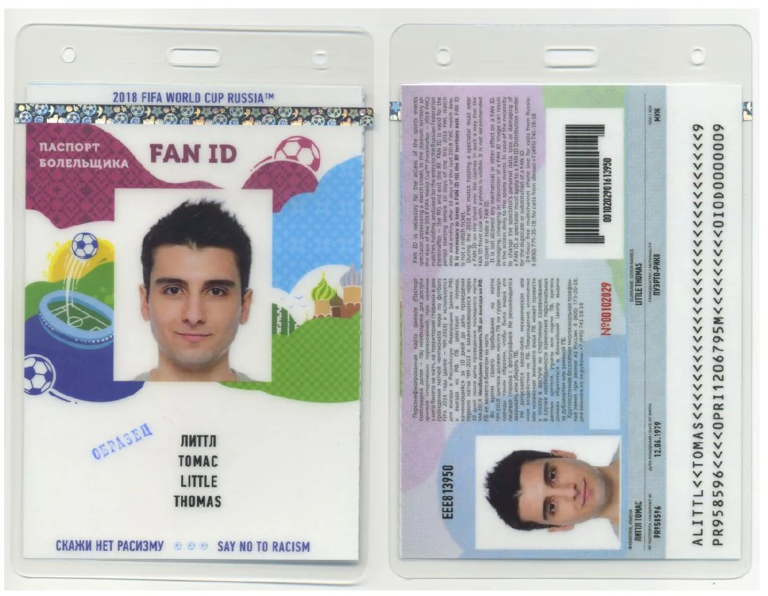 The 2018 FIFA World Cup Fan ID, front and back: a laminated card with a photo, personal data and a barcode