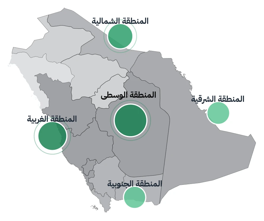 Map showing five operating regions: north, central, east, west and south